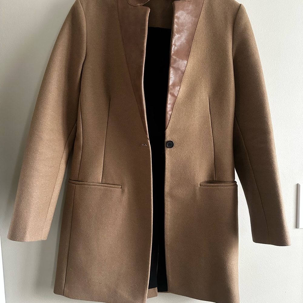 All Saints Irish Lorie wool coat, camel with leather collar/trim - Picture 11 of 16